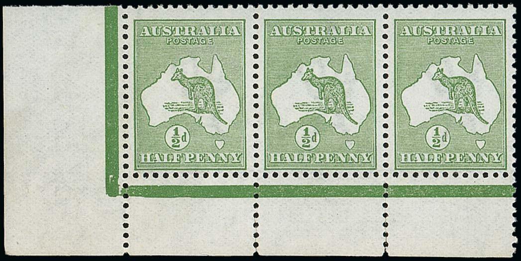 AUSTRALIAThe Kangaroo IssuesFirst Watermark½d. green, Plate 1 no monogram corner strip of three from