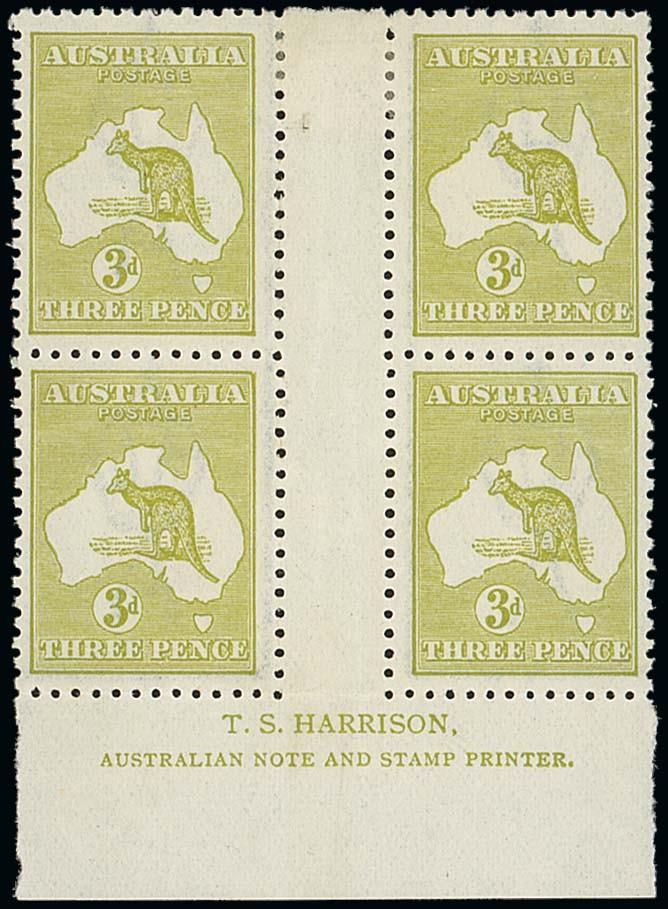 AUSTRALIAThe Kangaroo IssuesThird Watermark3d. light olive, Plate 4, Die IIB, a Harrison imprint
