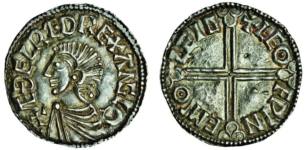 Aethelred II (978-1016), Penny, 1.68g, long cross type, Chester, Leofwine, bare headed bust left,