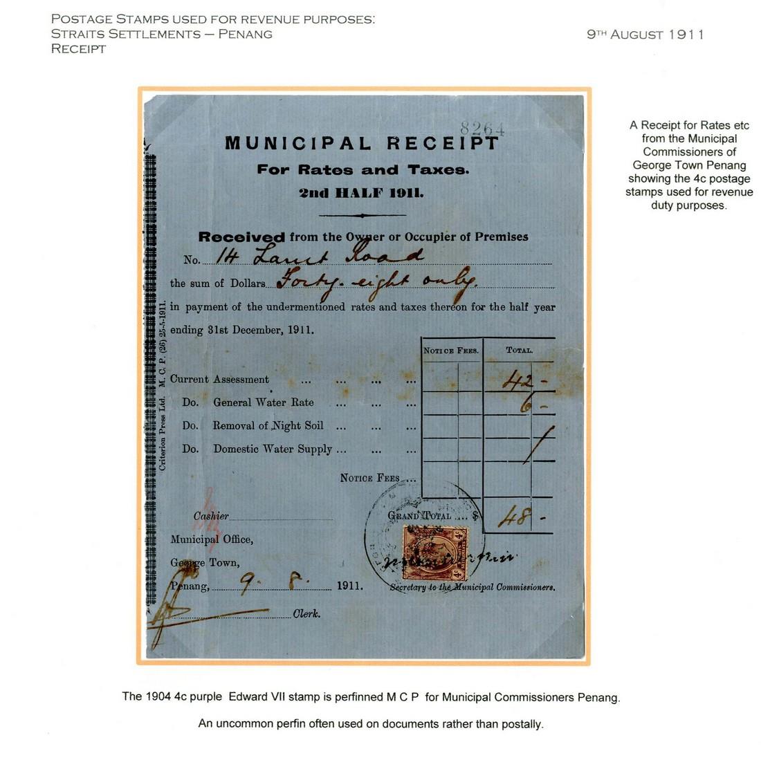 RevenuePostage and Revenue Adhesive Stamps used for RevenuePenang1911 (9 Aug.) Receipt for rates