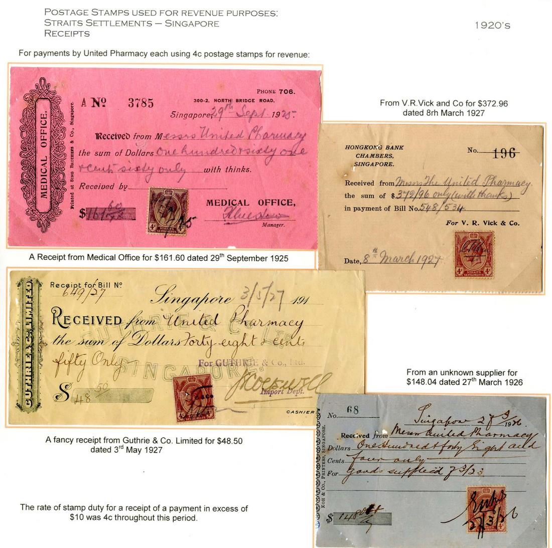 RevenuePostage and Revenue Adhesive Stamps used for RevenueSingapore1925-27 receipts (4, one with