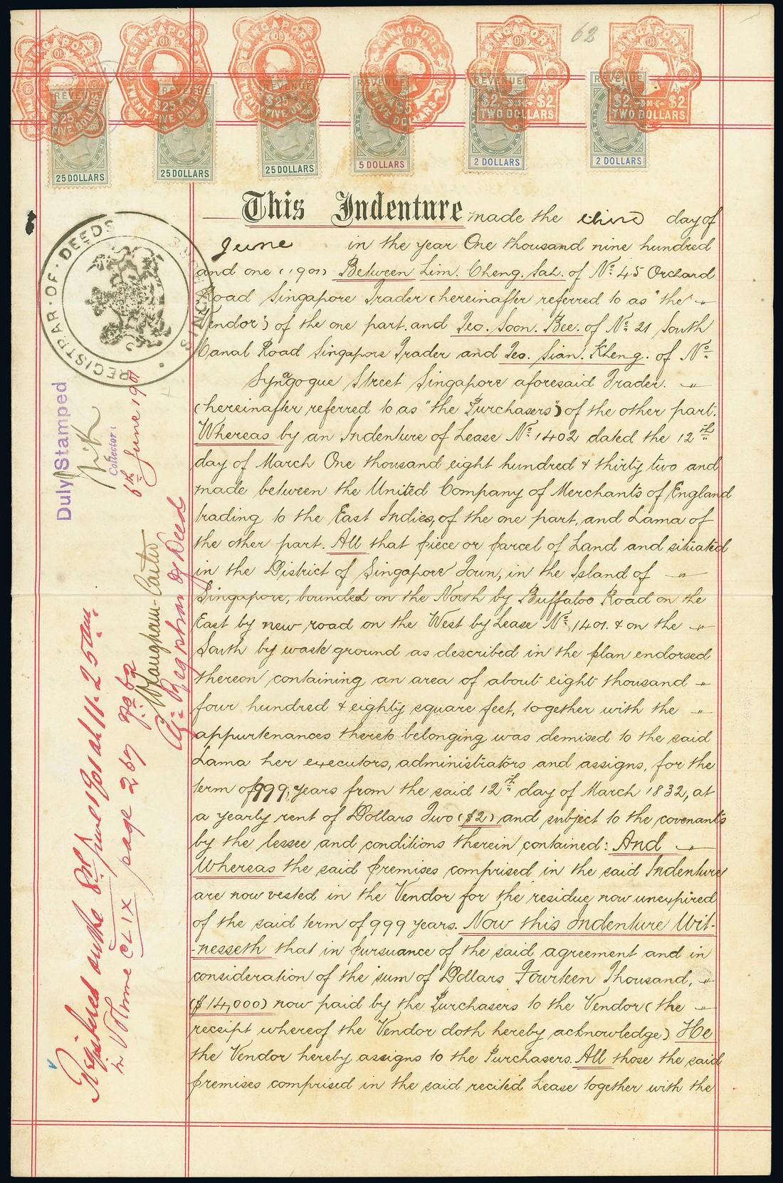 RevenuesAdhesive StampsSingapore1901 (6 June) Indenture for the transfer of leasehold properties n