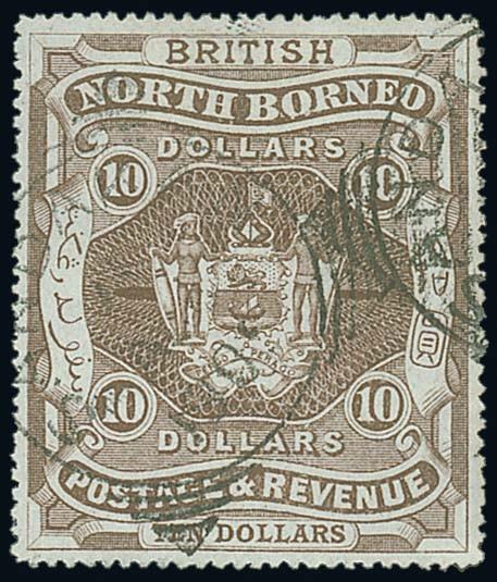 North Borneo1888-92 IssueIssued Stamps$10 brown cancelled by Sandakan squared-circle d.s., fine. S.