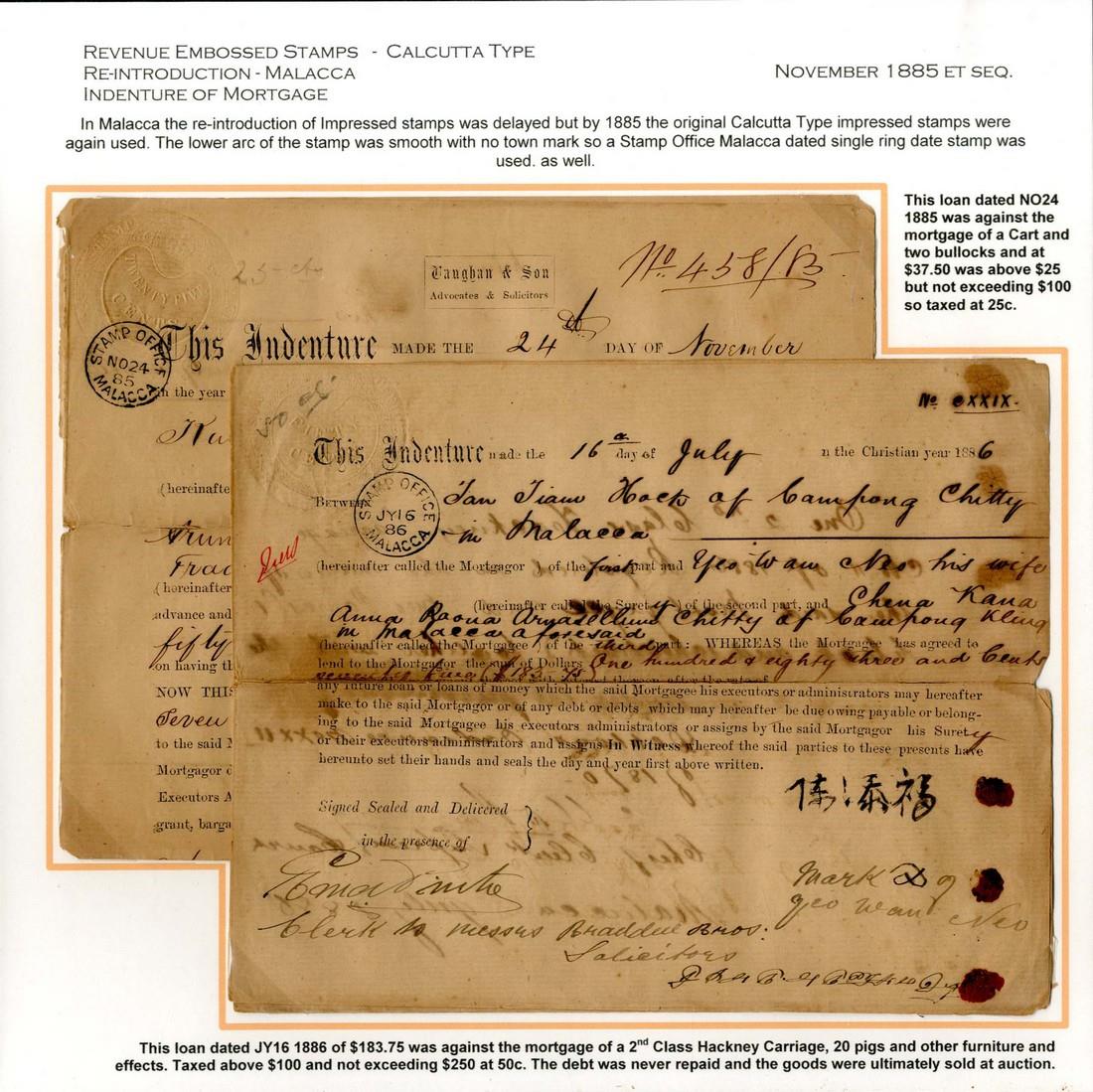 RevenuesHandstamps and Embossed Duty StampsMalacca1885 (24 Nov.) and 1886 (16 July) Indentures of