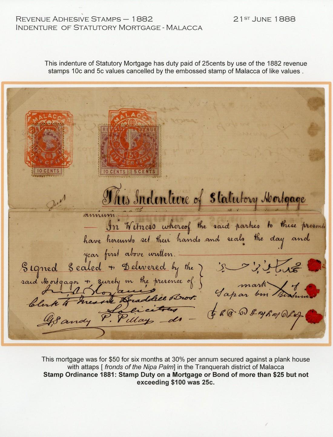 RevenuesAdhesive StampsMalacca1888 (21 June) Indenture of statutory mortgage, bearing 1882 5c. and