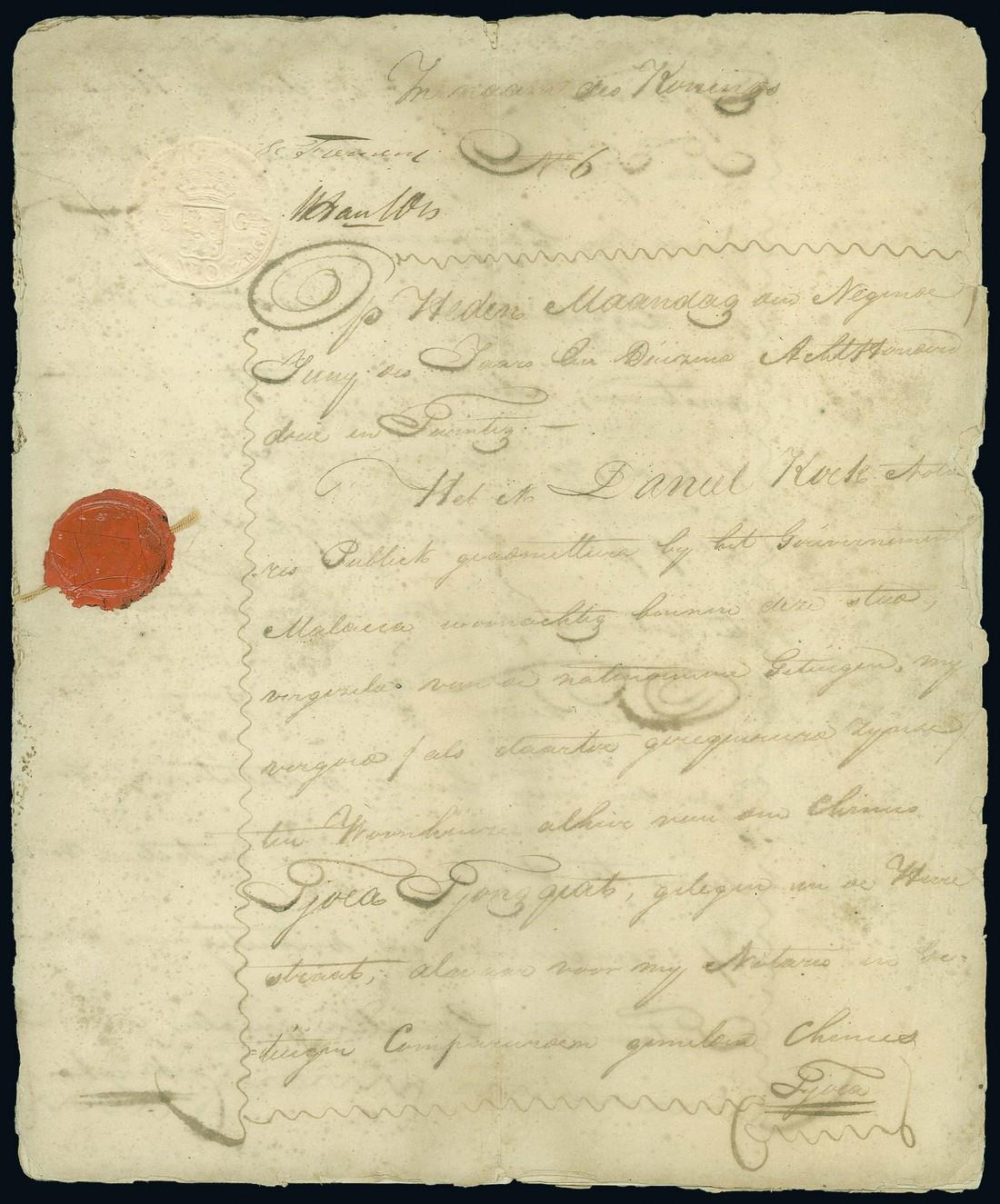 RevenuesHandstamps and Embossed Duty StampsMalacca1822 eight page document written in Dutch being