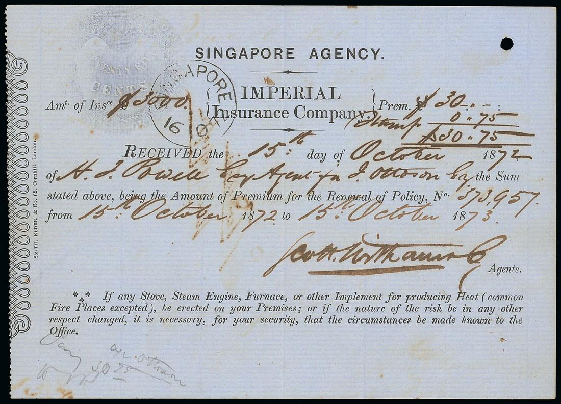 RevenuesHandstamps and Embossed Duty StampsSingapore1872 (16 Oct.) Premium receipt showing fine 75c.