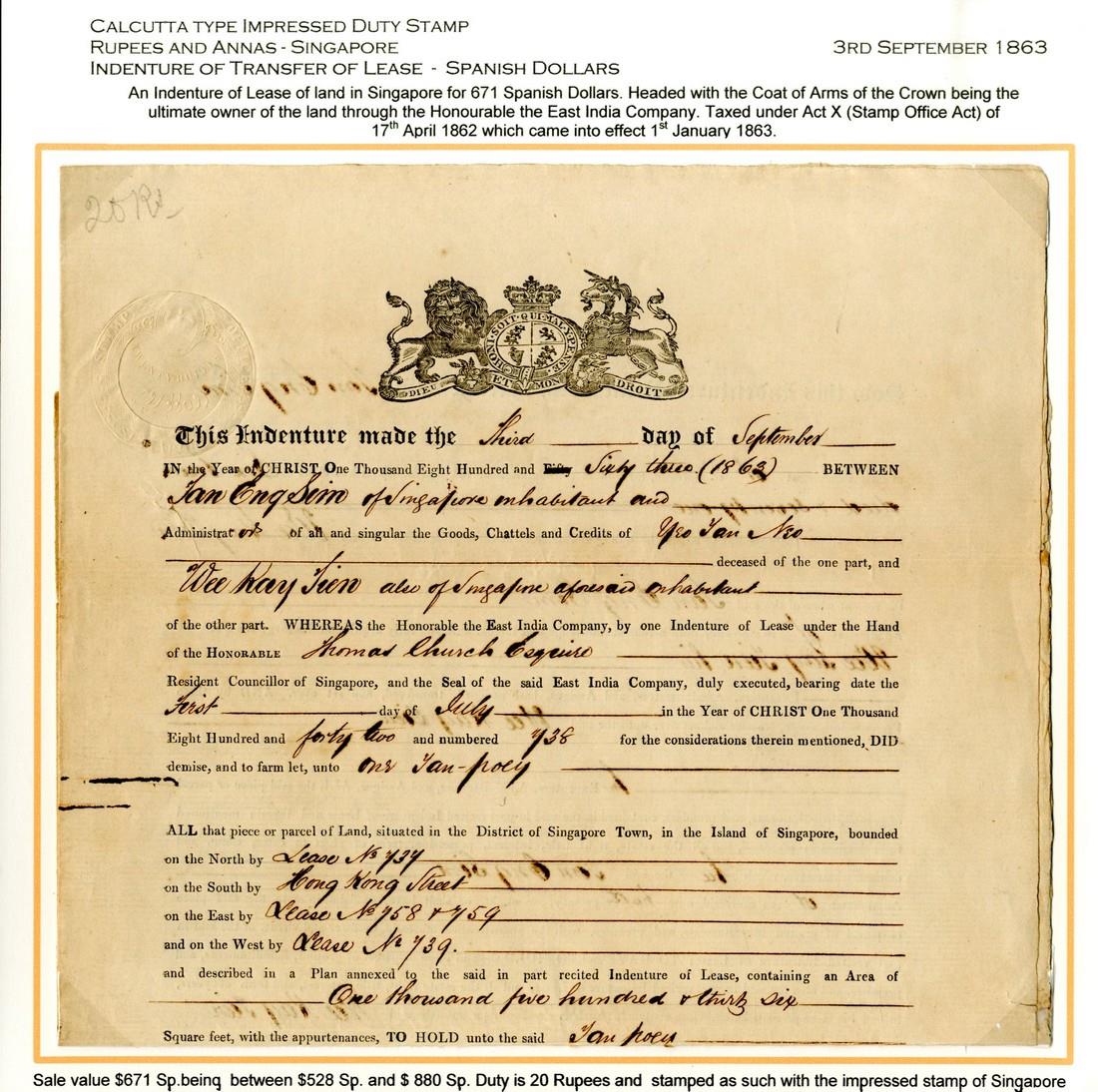 RevenuesHandstamps and Embossed Duty StampsSingapore1863 (3 Sept.) Indenture of Lease of land in