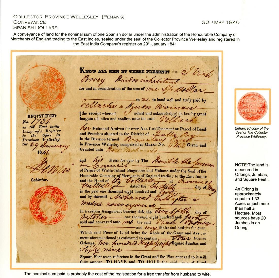 RevenuesHandstamps and Embossed Duty StampsPenang1840 (30 May) Conveyance of land for the nominal