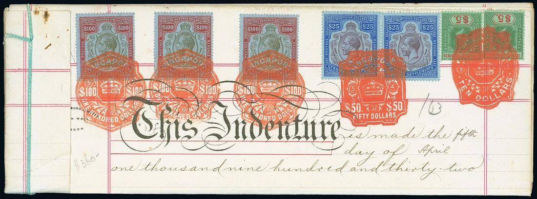 RevenuePostage and Revenue Adhesive Stamps used for RevenueSingapore1932 (5 Apr.) Indenture for