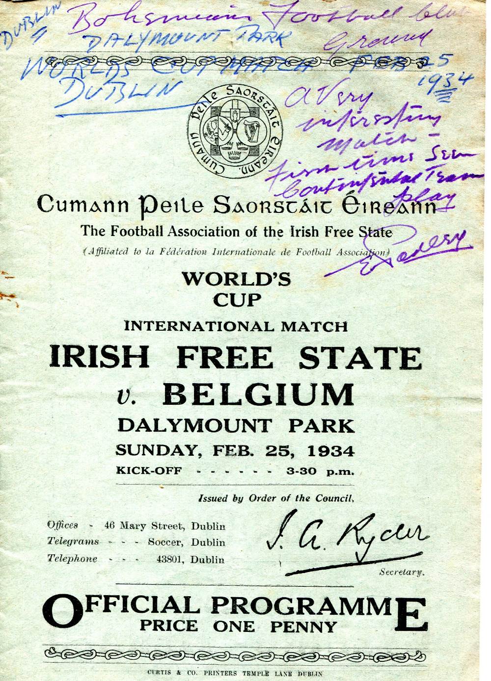 1934 Irish Free State v Belgium, a rare programme from the World Cup qualifying tournament game