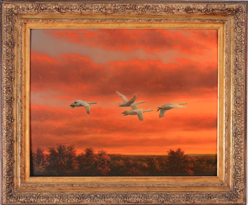 Thomas Locker (B. 1937): Birds in Flight Over a Glowing Sky Oil on board, unsigned. 24 x 30 in., 32