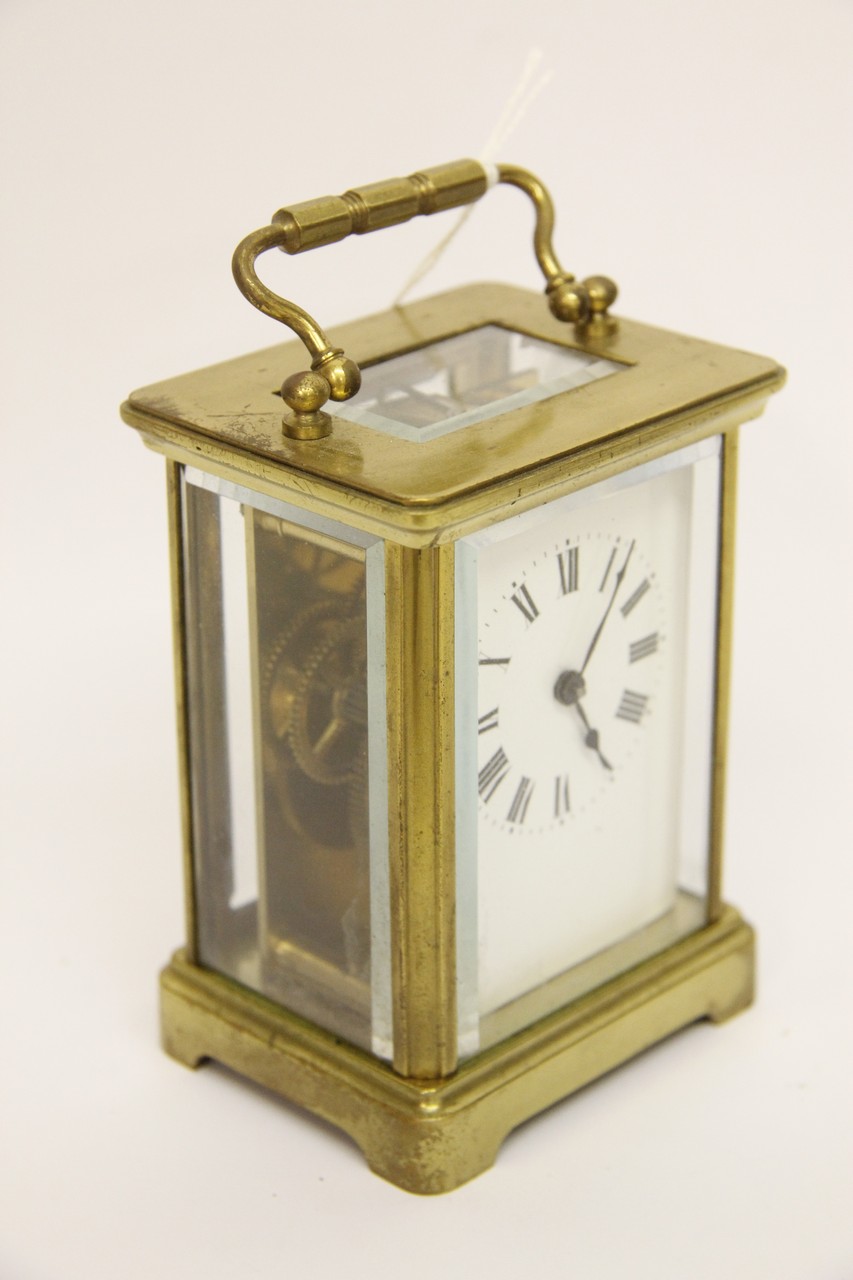 A brass carriage clock with enameled dial - Image 2 of 3