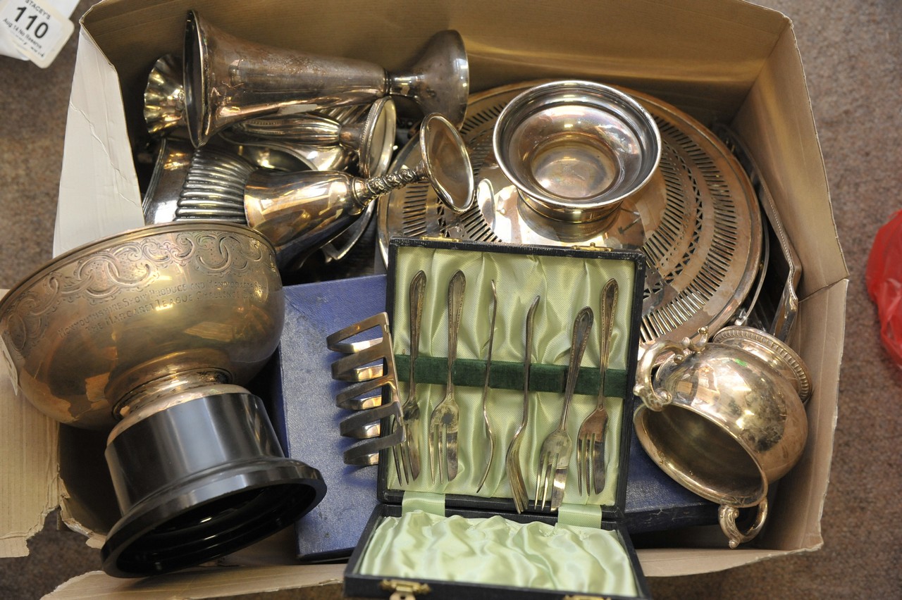 A small collection of silver plate including a Mappin and Webb basket, vase etc