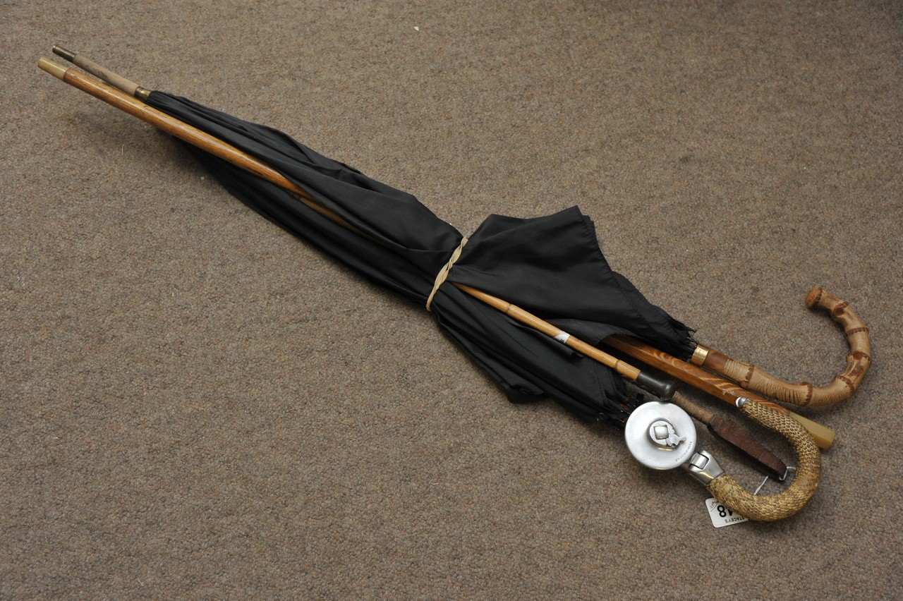 A collection of umbrellas and sticks including one with gold mount, another with snake skin handle