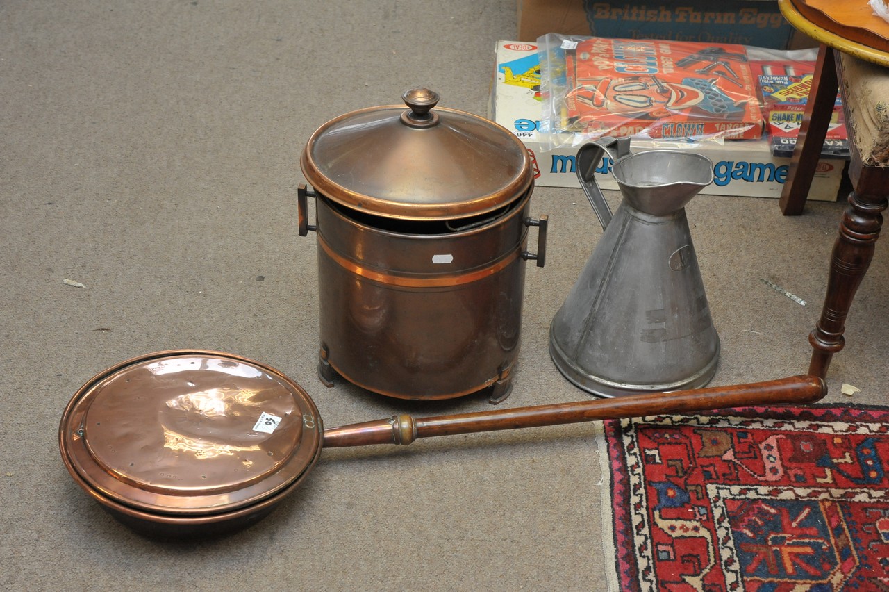 A copper bed pan, buckets and other metal items