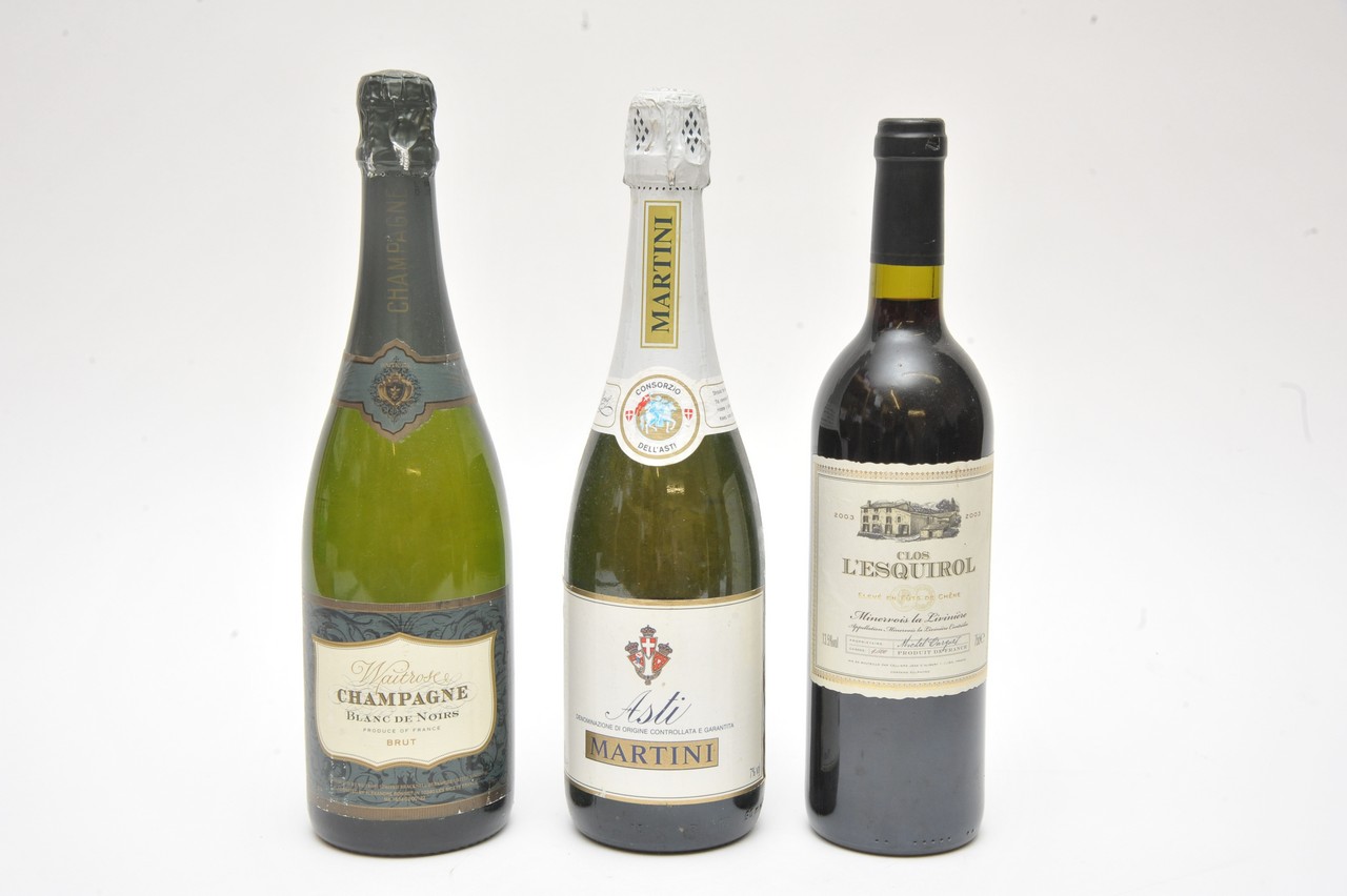 Three bottles of champagne, Asti Martini and Clos L'Esquirol