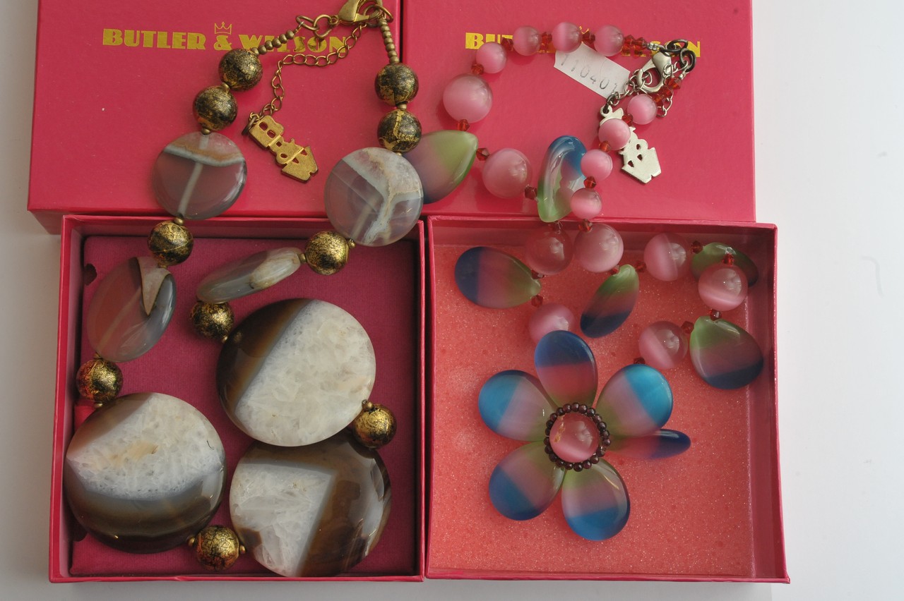 Two Butler & Wilson designer costume agate and coloured stone necklaces, boxed