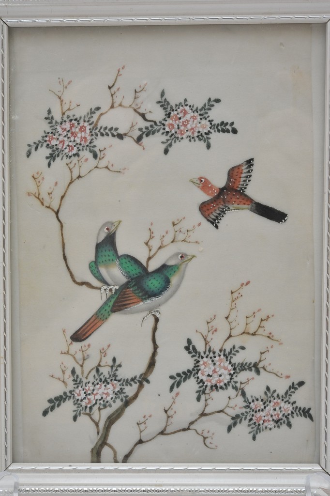 A pair of framed colourful watercolour on rice paper studies of birds within a naturalistic setting - Image 2 of 3