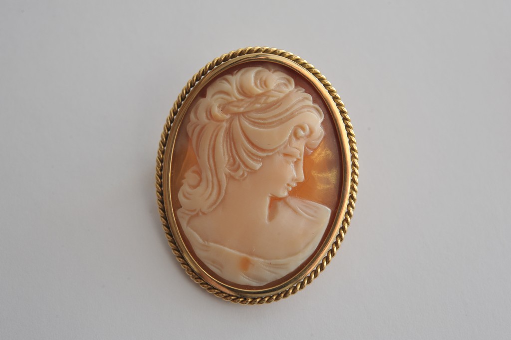 A gold tone mounted oval cameo brooch