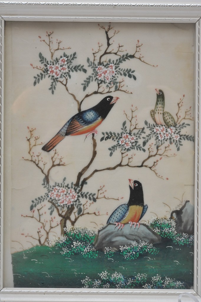 A pair of framed colourful watercolour on rice paper studies of birds within a naturalistic setting - Image 3 of 3