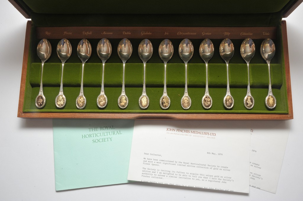 A cased set of 12 silver spoons, the Horticultural society