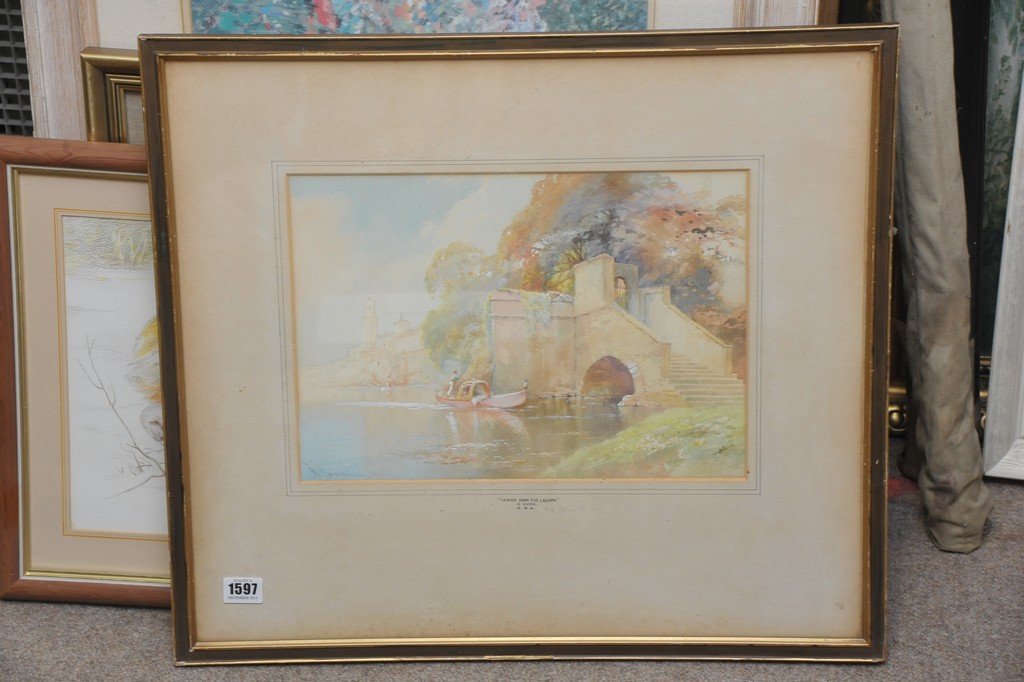 A framed watercolour depicting 'Venice From the Lagoon' signed W Knox, 25x36cm approx.