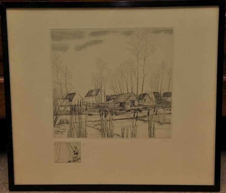 A framed etching depicting a figure fly fishing and a framed watercolour haymaking (2)