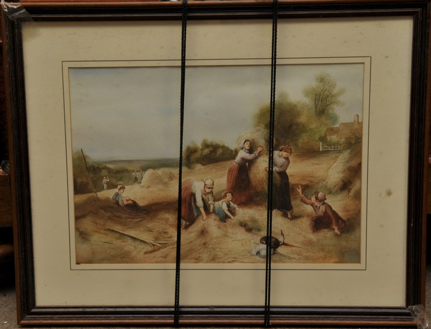A framed etching depicting a figure fly fishing and a framed watercolour haymaking (2) - Image 2 of 2
