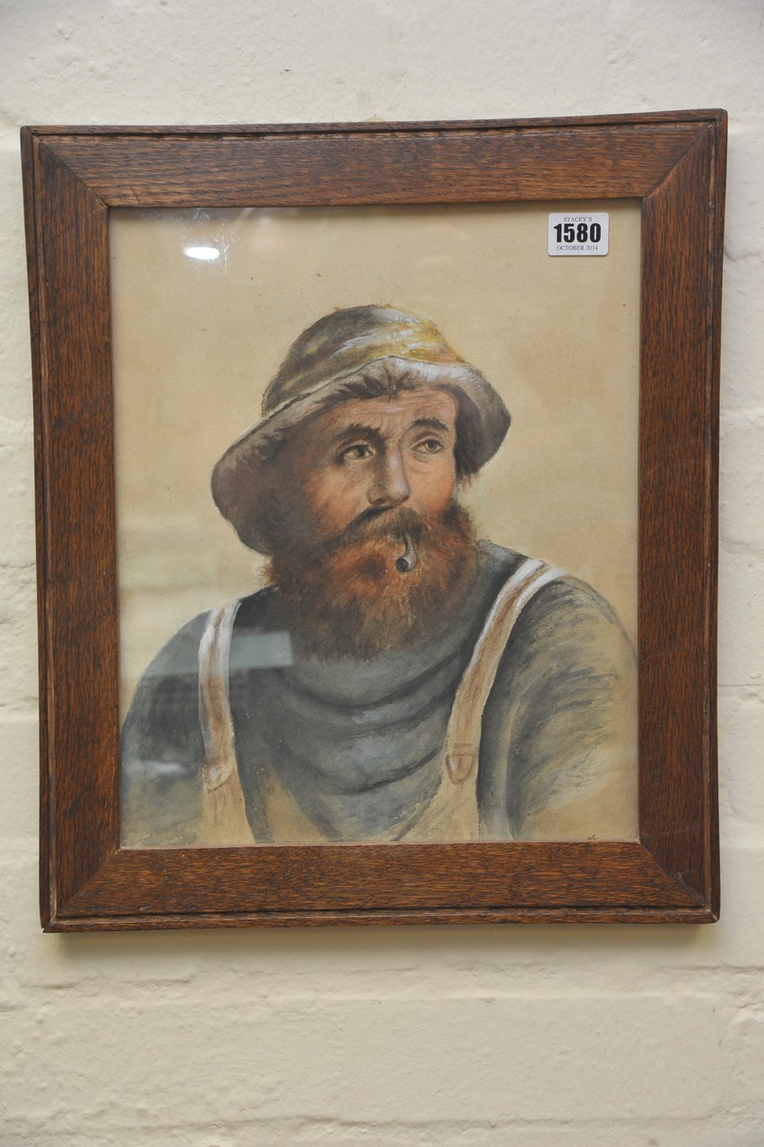 A original framed watercolour portrait of a fisherman, initailed 'E.C'' - Image 2 of 2