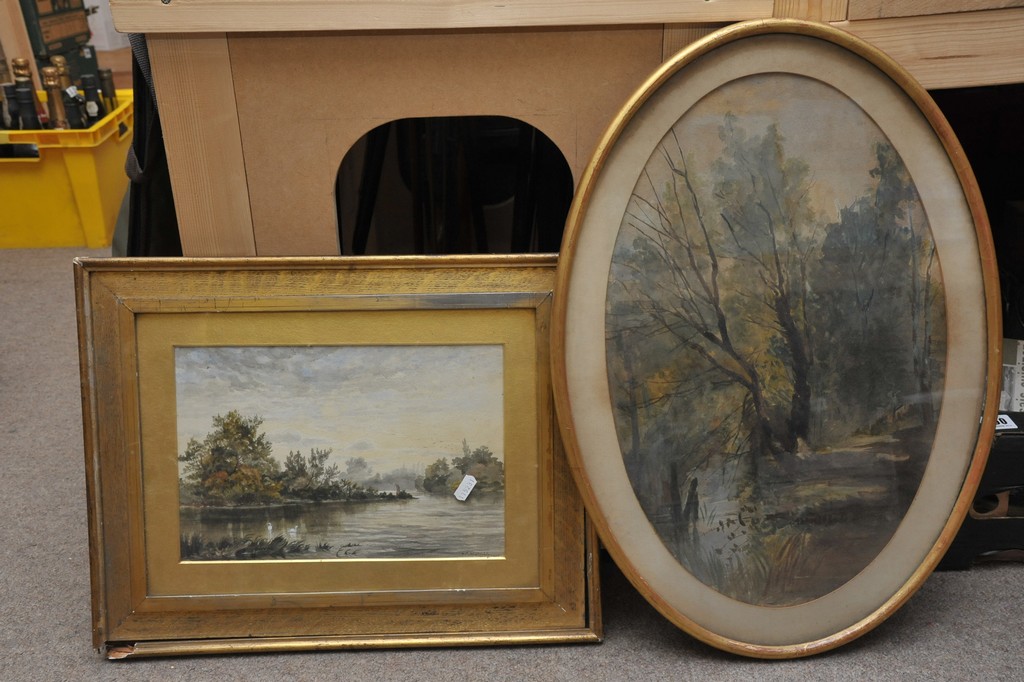 An original watercolour of a river scene signed H.T Bromley 1885, plus one other oval painting