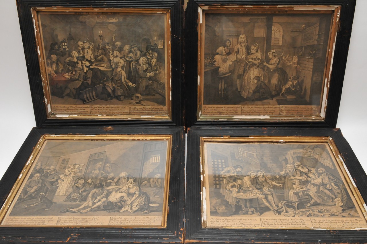 Four framed period Hogarth prints showing scenes including of Bedlam and Gin Street, one with pencil