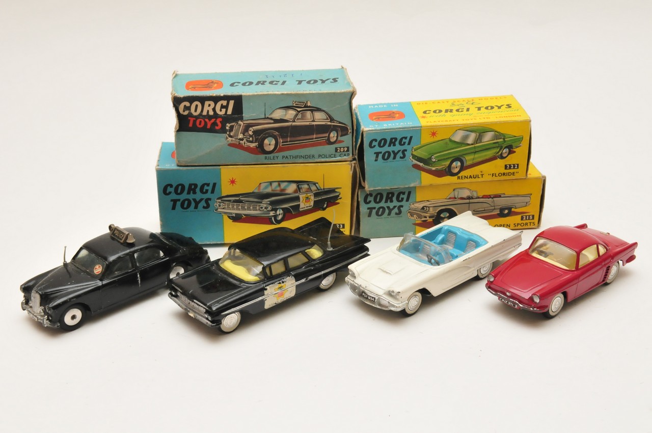 Four boxed Corgi toys, n.o 209 Riley Police car, n.o 215 Ford Thunderbird open sports, n.o 222