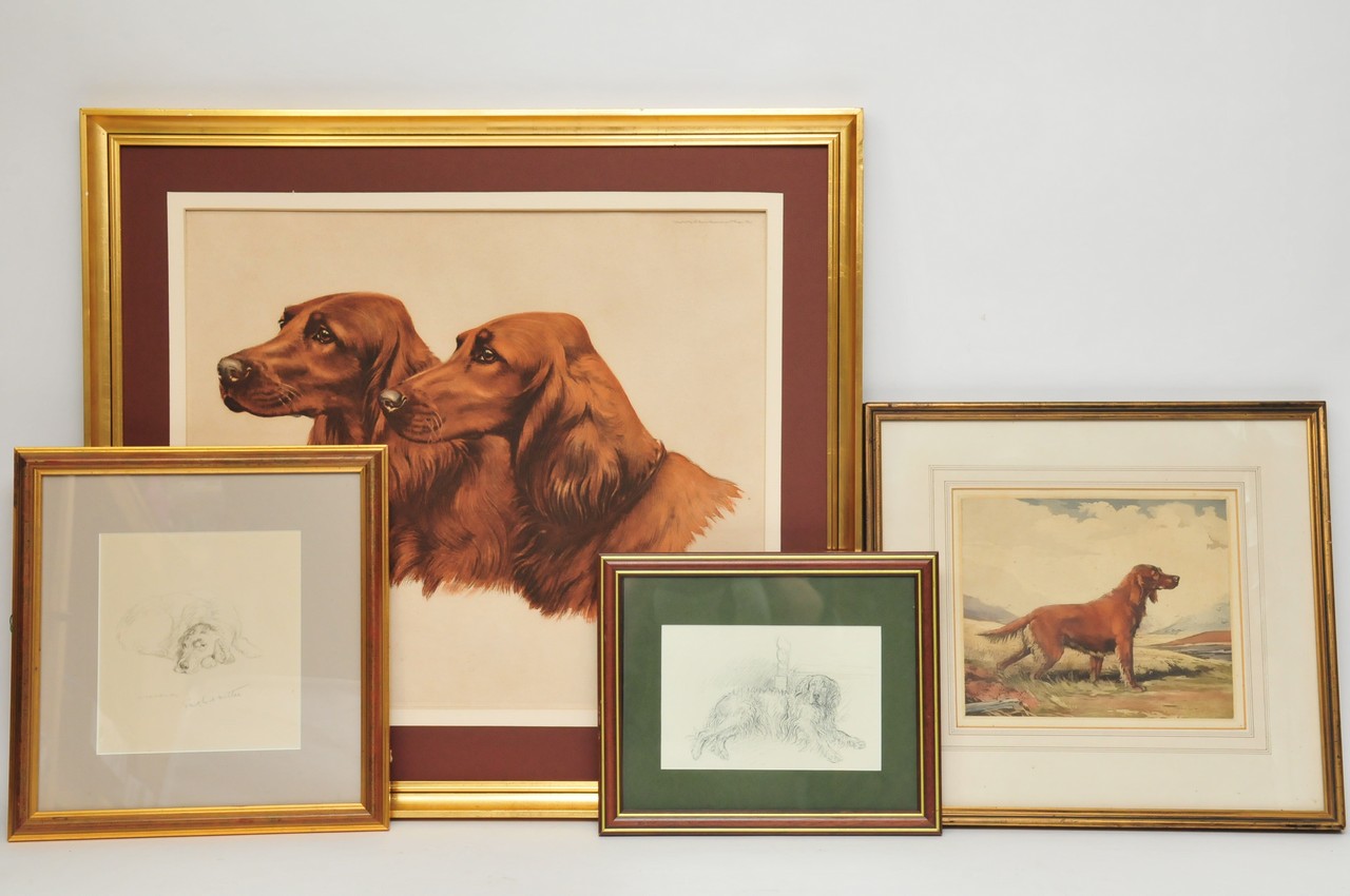 A limited edition, signed Leon Danchin print of red setters with three similar prints