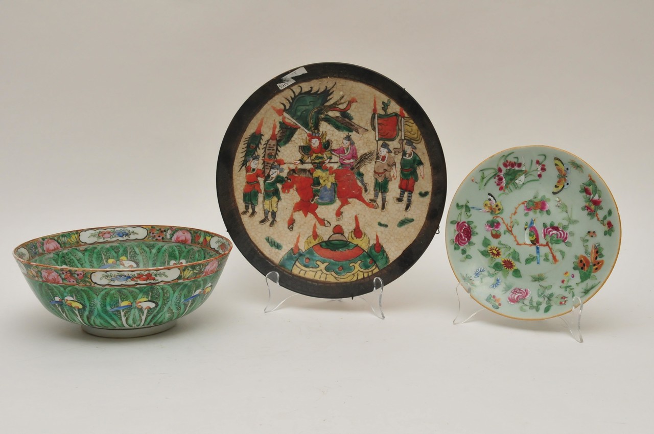 A Chinese famille verte crackle ware plate together with a Canton famille rose plate and a Cantonese