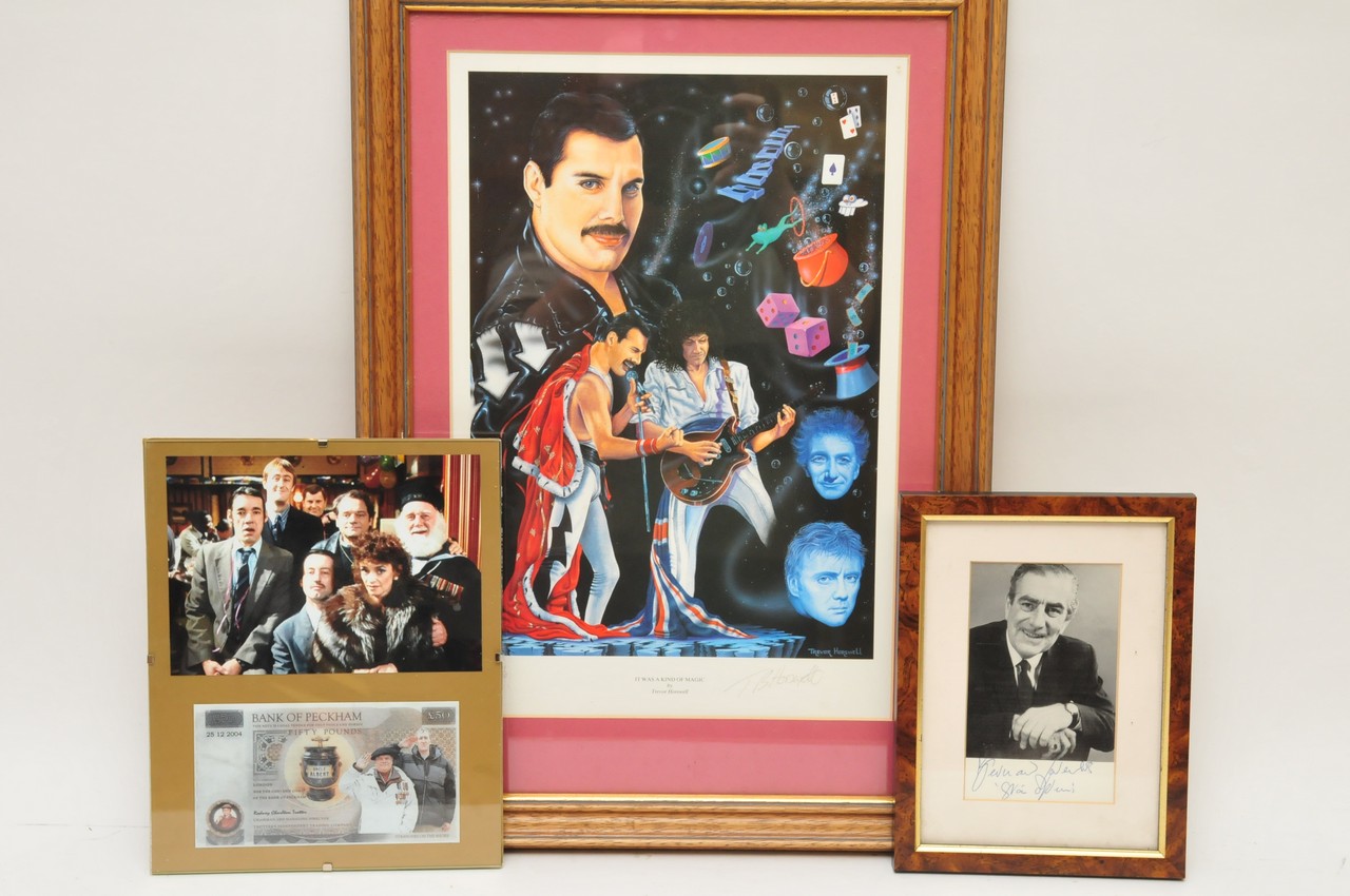 A limited edition, signed Trevor Horswell print of Queen, a framed Only Fools and Horses photo