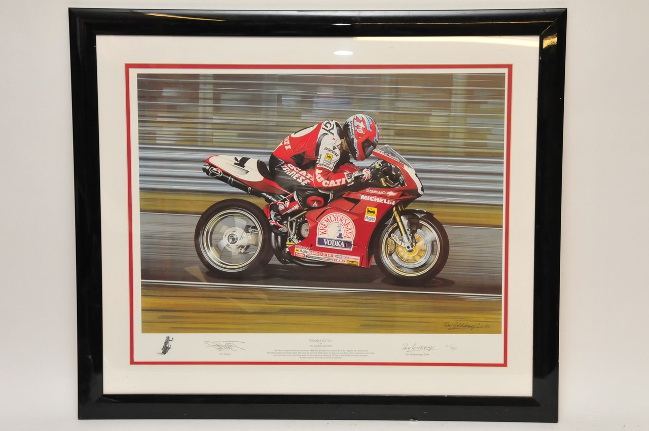 A limited edition signed print entitled Double Dutch by Ray Goldsbrough GMA depicting Carl Fogarty