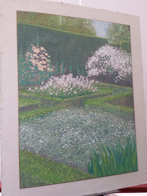 English school, landscape pastel garden scene, inscribed verso J M Hall 1982 (20thC). Laid on