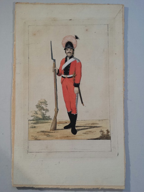 Hand coloured engraving of a Russian soldier, J Geisler . On paper laid to card. Condition: as - Image 2 of 5