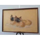 Pollyanna Pickering (Derbyshire artist) signed and dated '76 pastel of two siamese cats, original