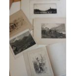 Quantity of 5 etchings engravings, pen & ink drawing. Late 19thC. Sporting & Scottish interest. Inc: