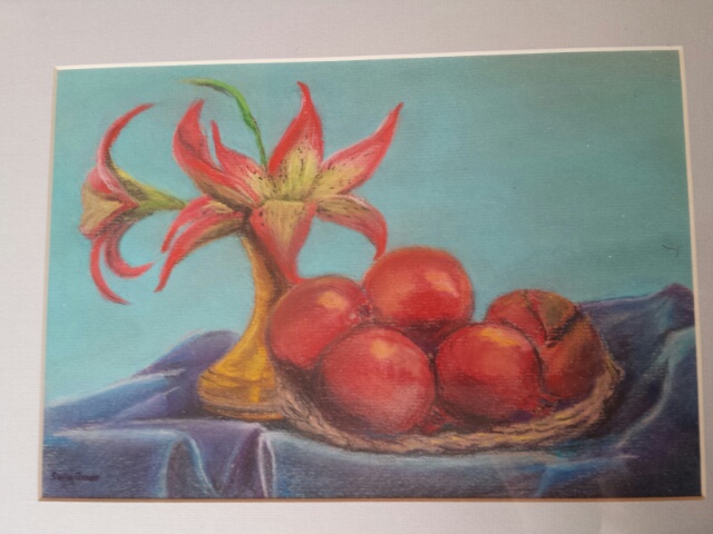 Scottish school, still life with Pomegranates by Stella Grover. Pastel of fruit and flowers in - Image 2 of 7