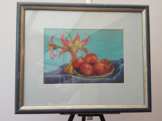 Scottish school, still life with Pomegranates by Stella Grover. Pastel of fruit and flowers in - Image 7 of 7