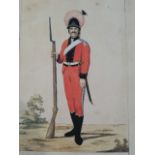 Hand coloured engraving of a Russian soldier, J Geisler . On paper laid to card. Condition: as