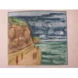 Hand coloured etching inscribed Brighton, figures strolling on Sussex coast. Number 8 of 25.