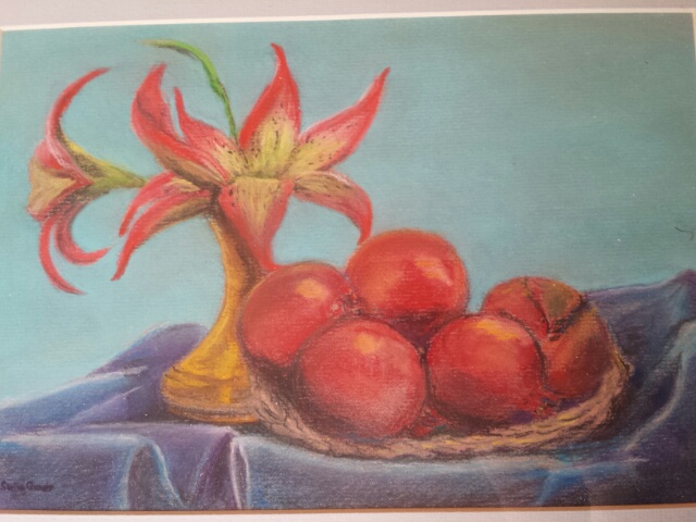 Scottish school, still life with Pomegranates by Stella Grover. Pastel of fruit and flowers in