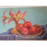 Scottish school, still life with Pomegranates by Stella Grover. Pastel of fruit and flowers in