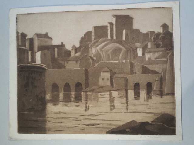 Signed old etching, platemarks, continental town scene. Signature lower right in pencil (indistinct: - Image 2 of 7