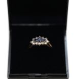 18ct Yellow Gold 12 Diamond & 3 Sapphire Cluster Ring. Size L. 3.32 Grams