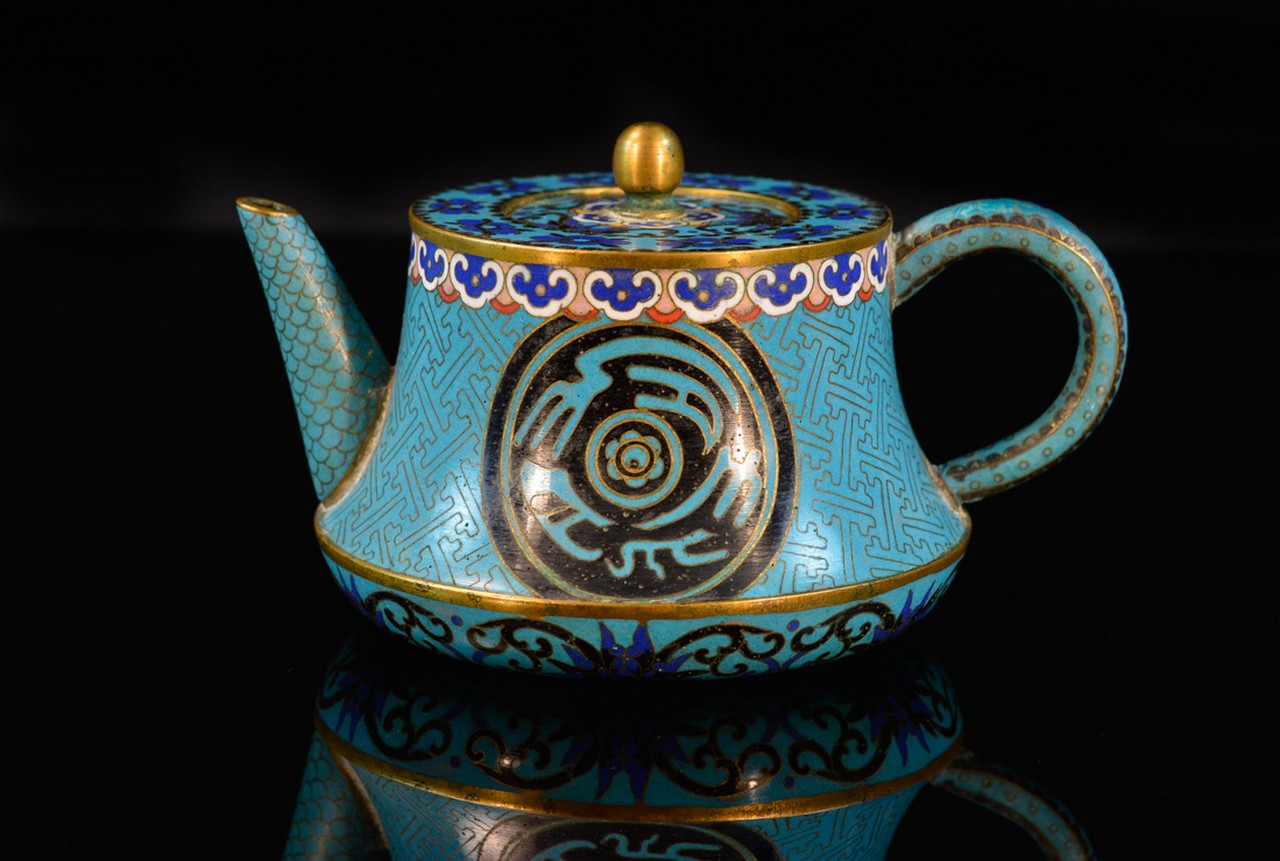 Chinese Cloisonne Teapot  19th cen, measures 4" h, 6.5"w, bowl is 5"dia    Please visit our